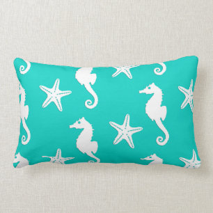 Coussin Rectangle Hippocampe et étoiles de mer - blanc sur la