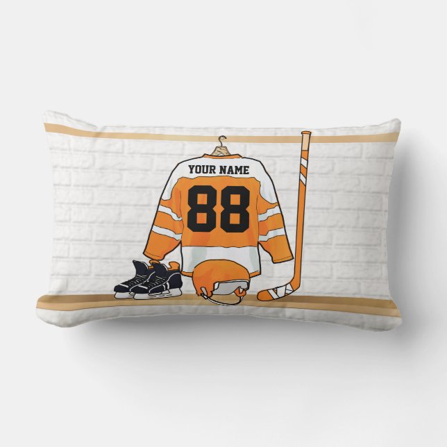 Coussin Rectangle Hockey sur glace orange et blanc personnalisé (Recto)