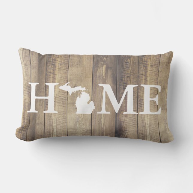 Coussin Rectangle Home State Michigan Rustic Wood Nom de famille (Recto)