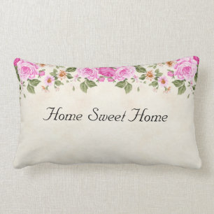 Coussin Rectangle Home Sweet Home & Belles Fleurs Roses Jeté Pi