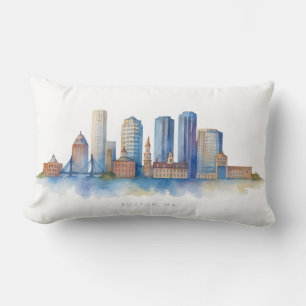 Coussin Rectangle Horizon de la ville de Boston à l'aquarelle   Mode