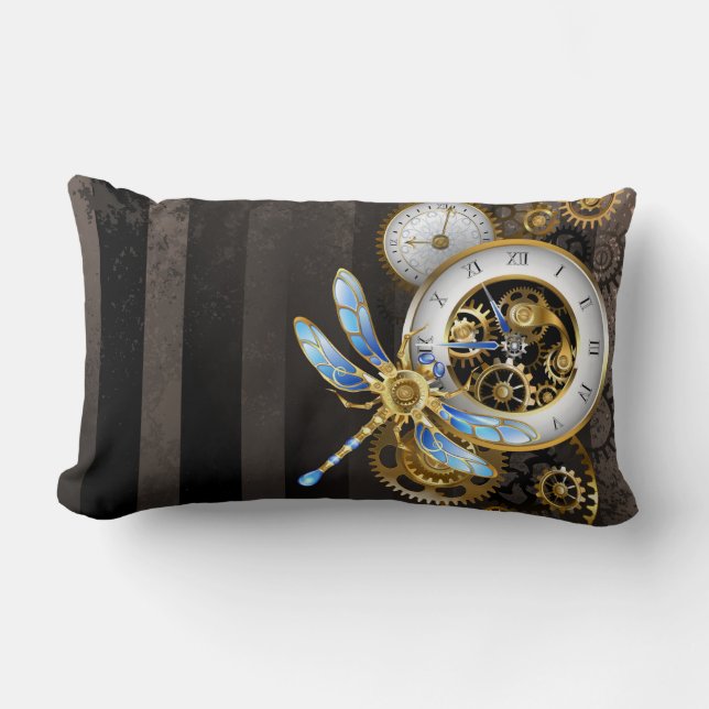 Coussin Rectangle Horloge Steampunk avec libellule mécanique (Recto)