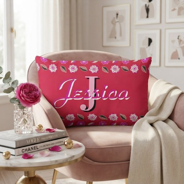Coussin Rectangle Hot Pink Floral Pattern Personalized Monogram  (Créateur téléchargé)