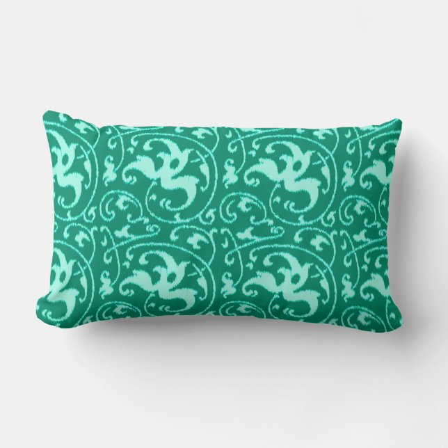 Coussin Rectangle Ikat Floral Damask - Turquoise et Aqua (Recto)