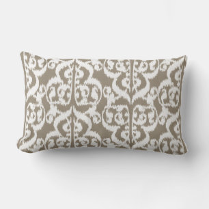Coussin Rectangle Ikat Moorish Damask - taupe tan et blanc