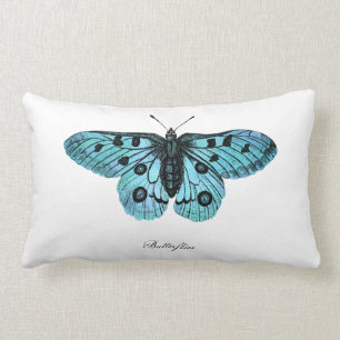 Coussin Rectangle Illustration bleue turquoise vintage de papillon -