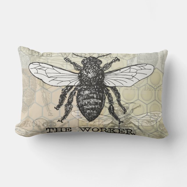 Coussin Rectangle Illustration d'abeille ouvrière vintage (Recto)