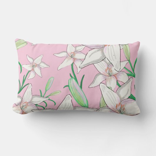 Coussin Rectangle Illustration de lys blancs sur fond rose (Recto)