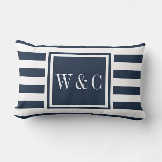 Coussin Rectangle Initiales de monogramme personnalisées rayure bleu (Recto)