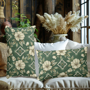 Coussin Rectangle Ivory Floral sur Emerald Arrière - plan