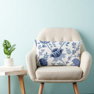 Coussin Rectangle Jacobean Floral 2Way Blues Motif blanc