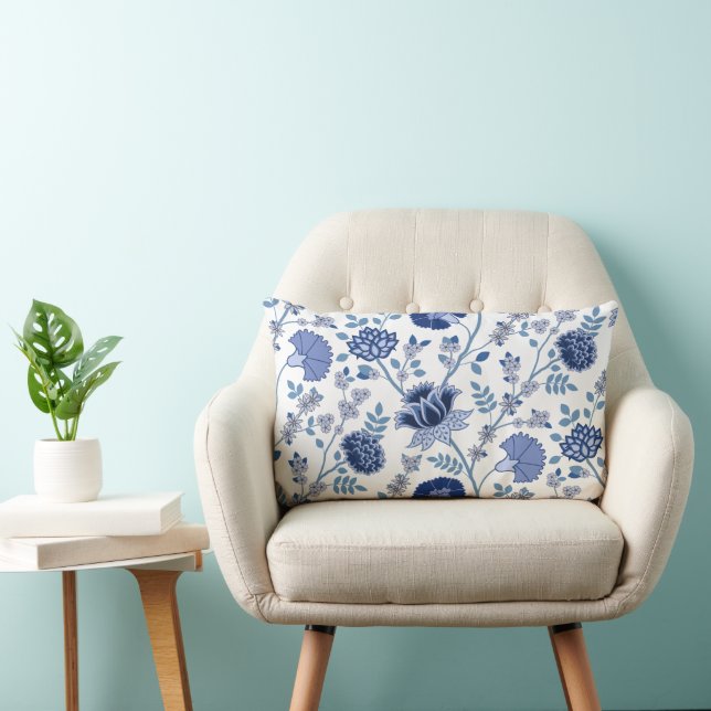 Coussin Rectangle Jacobean floral blues sur blanc (Chaise)