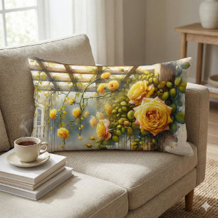 Coussin Rectangle Jardins de roses jaunes à l'aquarelle