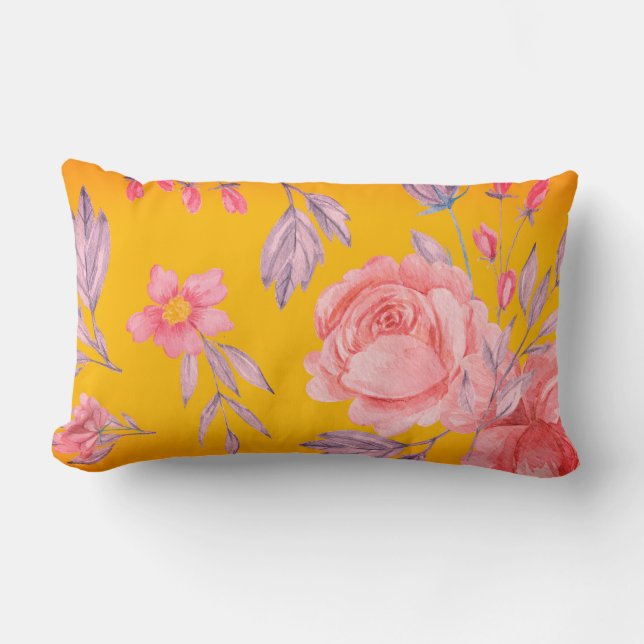 Coussin Rectangle Jaune et rose Floral Impression Lumbar Lisse oreil (Recto)