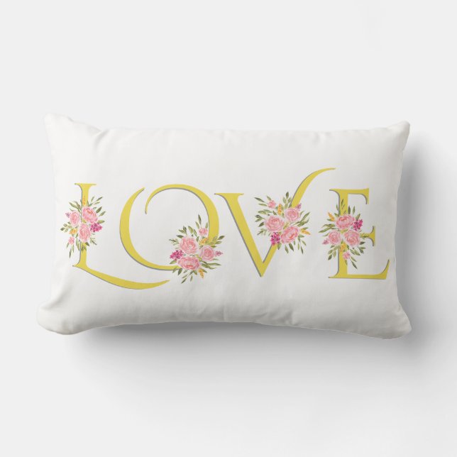 Coussin Rectangle Jaune, gris Typographie d'amour roses Saint Valent (Recto)