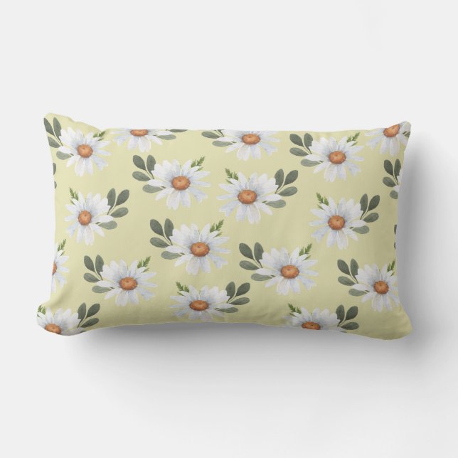 COUSSIN RECTANGLE JAUNE PASTEL AVEC DAISIES BLANCHES ET JAUNES (Recto)