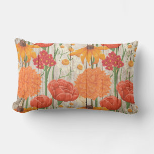 Coussin Rectangle Jaune Rouge Orange Floral sur Bois Rustique