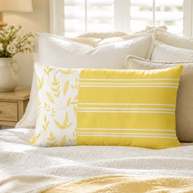 Coussin Rectangle Jaunes et Blanches Rayures et Botanique (Créateur téléchargé)