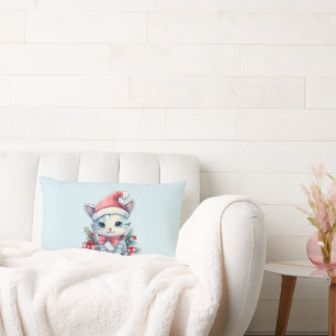 Coussin Rectangle Joli chaton en chapeau de Père Noël pour Noël