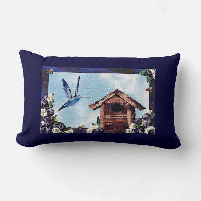 Coussin Rectangle Joli colibri, Birdhouse et bleuets (Recto)