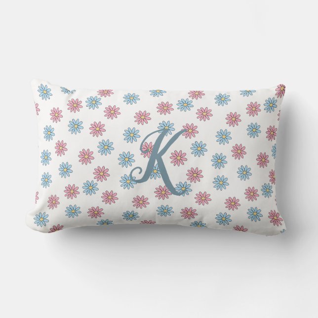 Coussin Rectangle Joli Dainty Rose Bleu Daisée Fleur Floral Monogram (Recto)