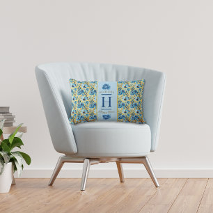 Coussin Rectangle Joli Monogramme Blue Gold Pays Rose Happy Place