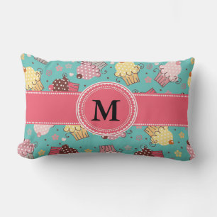Coussin Rectangle Joli Monogramme rose Turquoise et jaune Cupcake Lu