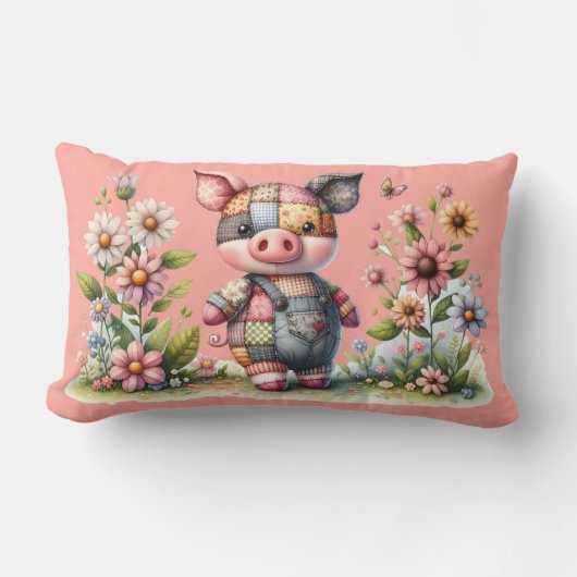 Coussin Rectangle Joli Porcelet Patchwork dans un Jardin Fleuri (Recto)
