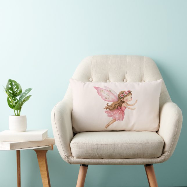 Coussin Rectangle Jolie Fille Fée en Robe Rose Caprice (Chaise)