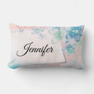 Coussin Rectangle Jolies fleurs bleues sur Arrière - plan rose