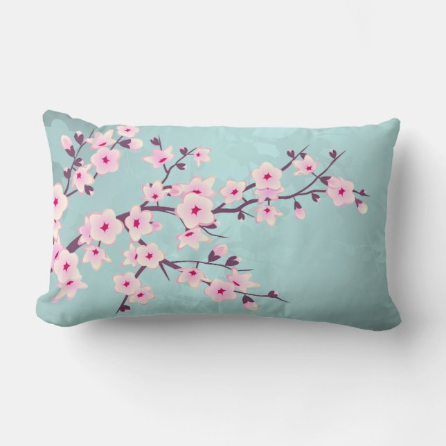 Coussin Rectangle Jolies fleurs de cerisier roses turquoise (Recto)