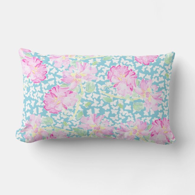 Coussin Rectangle Jolies roses roses, papillons blancs sur le bleu c (Recto)