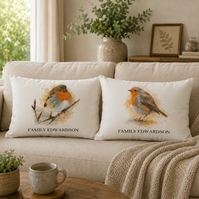 Coussin Rectangle Jolis oiseaux rouges de style aquarelle famille mo (Cute watercolor robin birds monogrammed family lumbar pillow. Lovely pillows for bird lovers.)