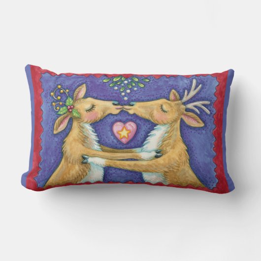 Coussin Rectangle Jolis rennes de Noël, baiser romantique avec du gu (Recto)