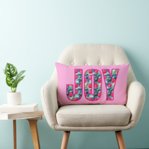 Coussin Rectangle JOY Word Art à Fuchsia rose et vert Turquoise