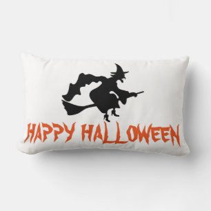 Coussin Rectangle Joyeuse sorcière d'Halloween avec son balai blanc