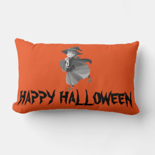 Coussin Rectangle Joyeuse sorcière d'Halloween avec son Broom Orange