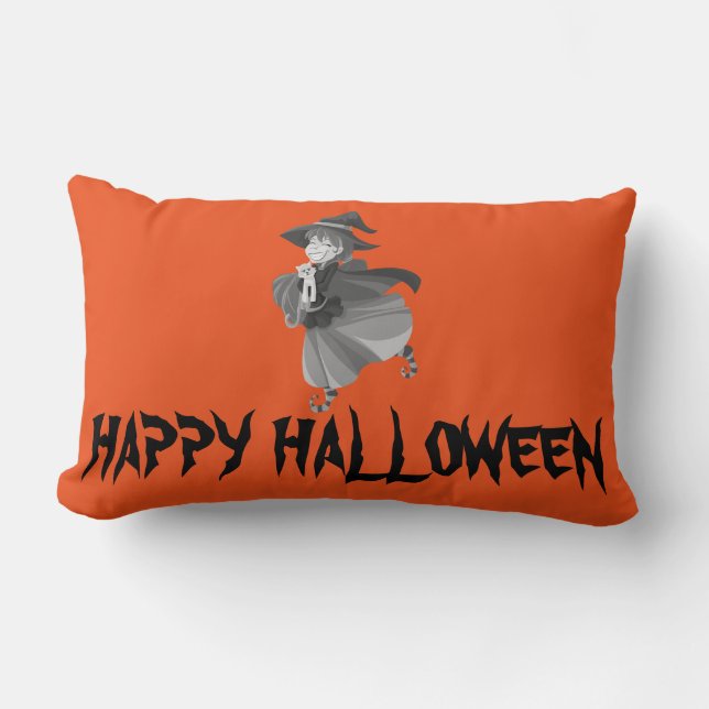 Coussin Rectangle Joyeuse sorcière d'Halloween avec son Broom Orange (Recto)