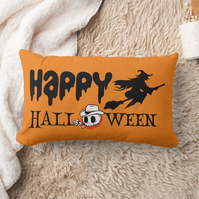 Coussin Rectangle Joyeuse sorcière d'Halloween avec son Broom Orange (Couverture)