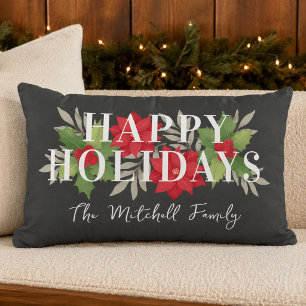 Coussin Rectangle Joyeuses Fêtes Poinsettia Holly Charbon de Noël