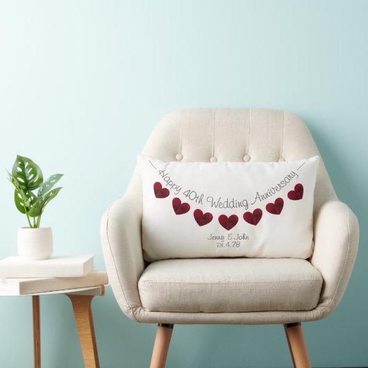 Coussin Rectangle Joyeux 40ème anniversaire de Mariage Ruby Coeurs r (Chaise)