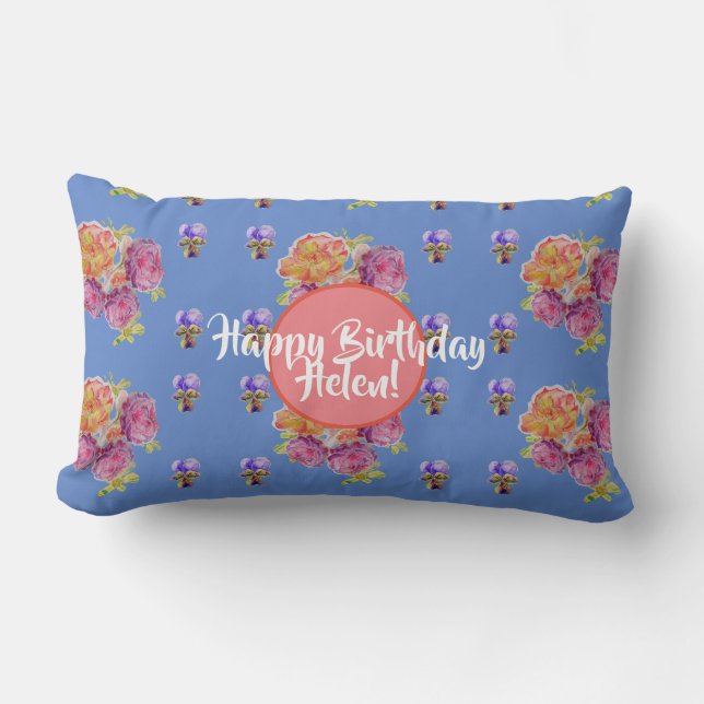 Coussin Rectangle Joyeux anniversaire Rose floral dames Nom Cuchion (Recto)