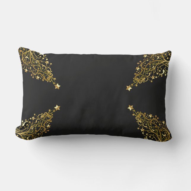 Coussin Rectangle Joyeux Arbres de Noël Étoiles Black Or brillant Ch (Recto)