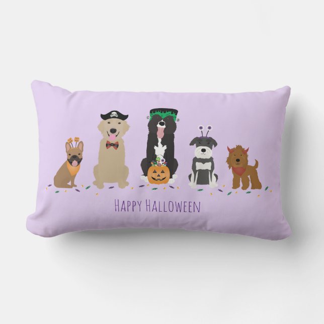 Coussin Rectangle Joyeux Chiens d'Halloween violet (Recto)