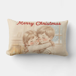 COUSSIN RECTANGLE JOYEUX NOËL DEUX ENFANTS ET UNE ÉTREINTE
