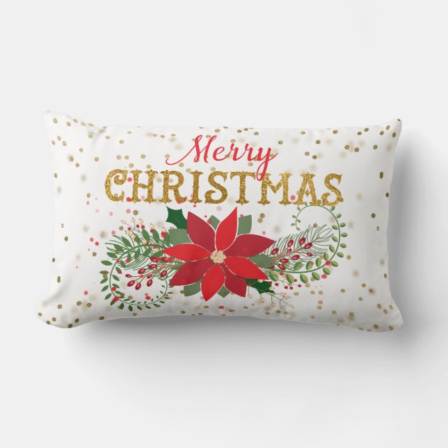 Coussin Rectangle Joyeux Noël Parties scintillant or Poinsettia (Recto)