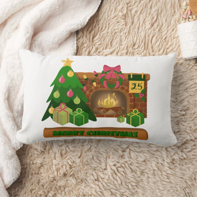 Coussin Rectangle Joyeux Noël près de la cheminée bonfire xmas arbre (Couverture)