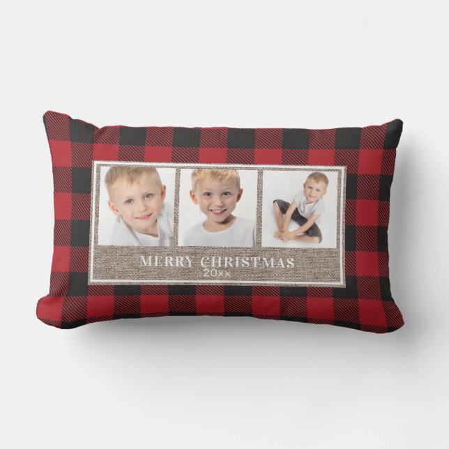 Coussin Rectangle Joyeux Noël Rustique Rouge Plaid de Buffalo 3 Phot (Recto)