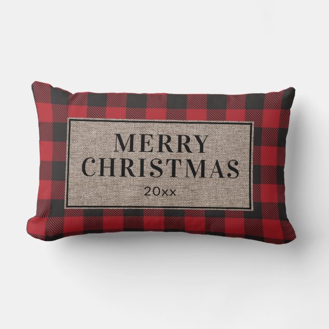 Coussin Rectangle Joyeux Noël Rustique Rouge Plaid de Buffalo Toile  (Recto)