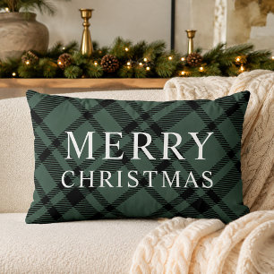Coussin Rectangle Joyeux Noël Vert Chasseur Plaid Noir